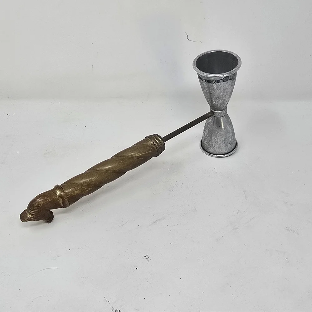 Vtg brass handle double jigger cocktail man cave rustic‎ equestrian mid century